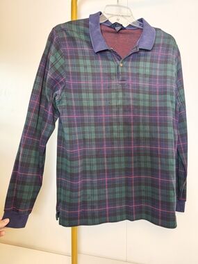 Vintage Lands End Mens Long Sleeve Plaid Polo Shirt Green Navy Large Made in USA